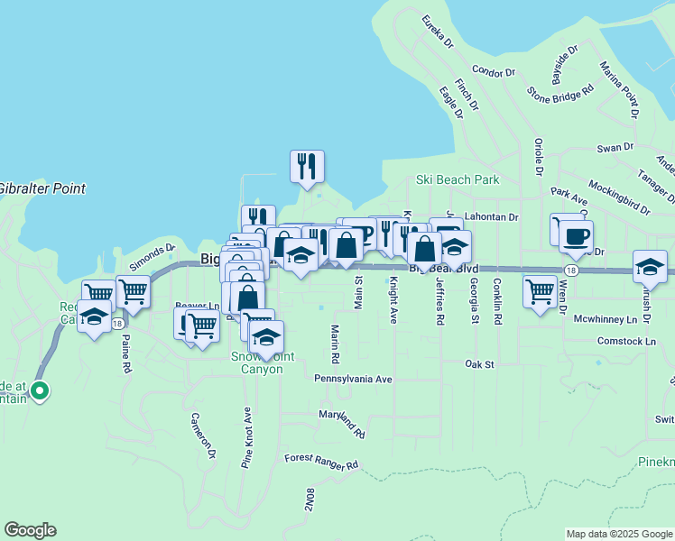 map of restaurants, bars, coffee shops, grocery stores, and more near 41025 Big Bear Boulevard in Big Bear Lake