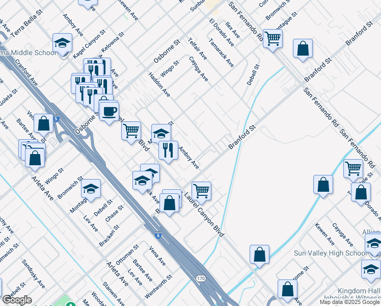 map of restaurants, bars, coffee shops, grocery stores, and more near 9550 Amboy Avenue in Los Angeles