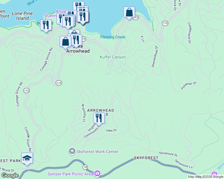 map of restaurants, bars, coffee shops, grocery stores, and more near 541 Sunderland Court in Lake Arrowhead