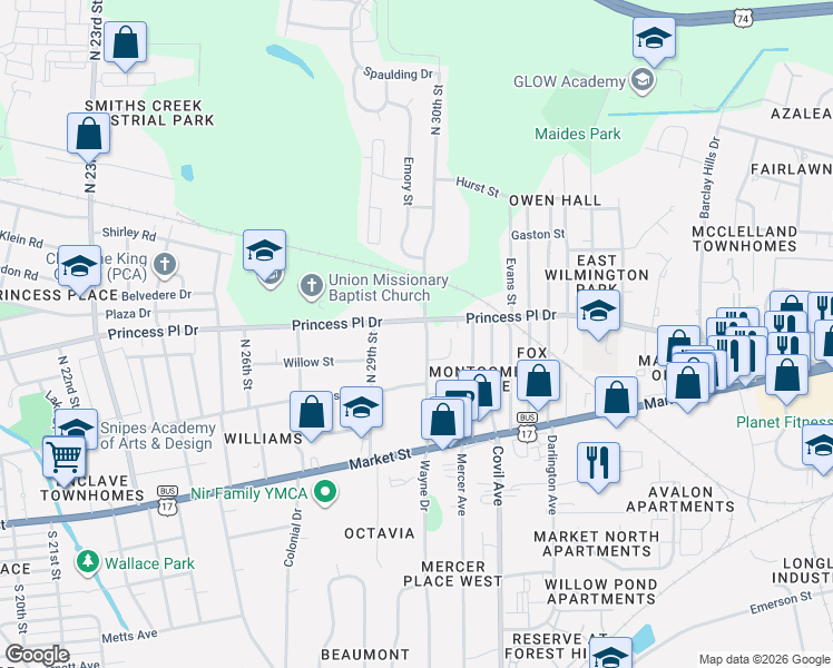 map of restaurants, bars, coffee shops, grocery stores, and more near 320 North 30th Street in Wilmington