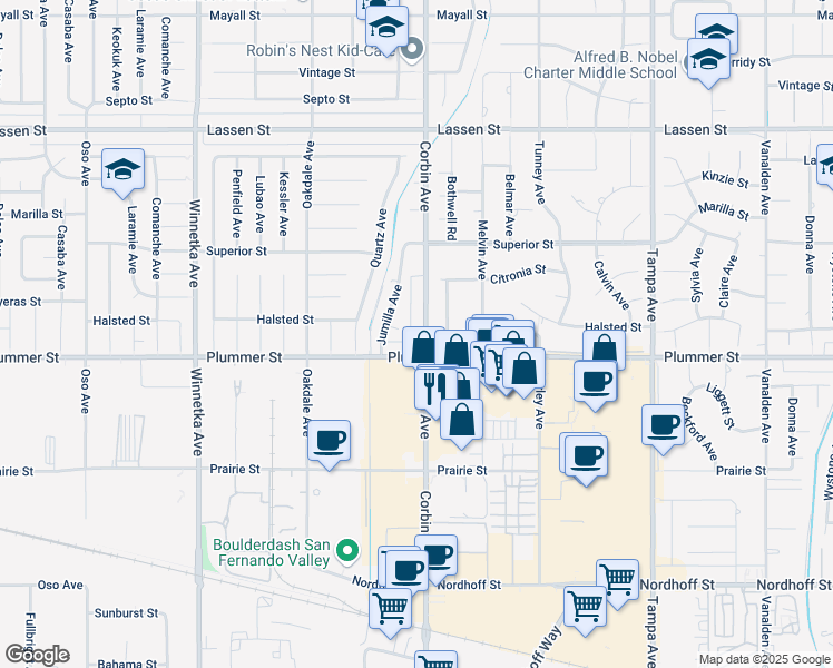 map of restaurants, bars, coffee shops, grocery stores, and more near 9519 Corbin Avenue in Los Angeles