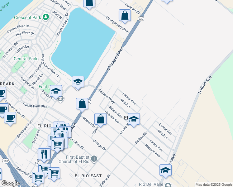 map of restaurants, bars, coffee shops, grocery stores, and more near 301 Will Avenue in Oxnard