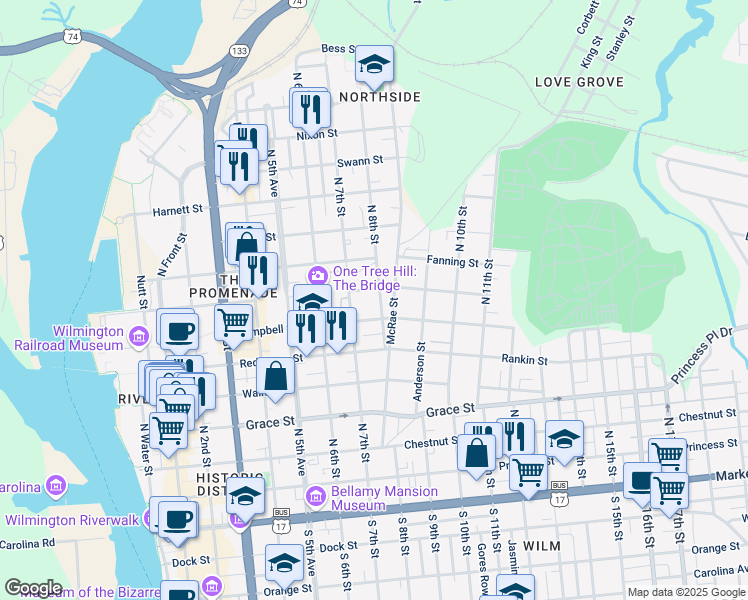 map of restaurants, bars, coffee shops, grocery stores, and more near 613 North 8th Street in Wilmington