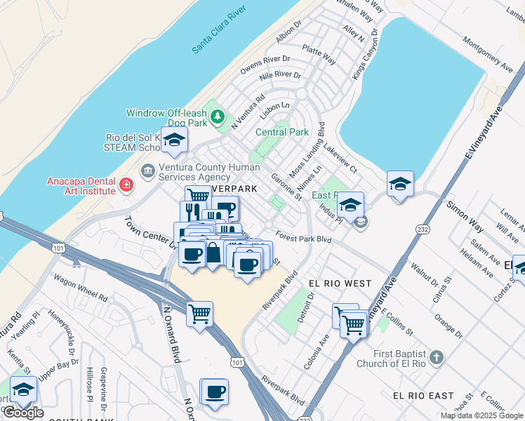 map of restaurants, bars, coffee shops, grocery stores, and more near 509 Forest Park Boulevard in Oxnard