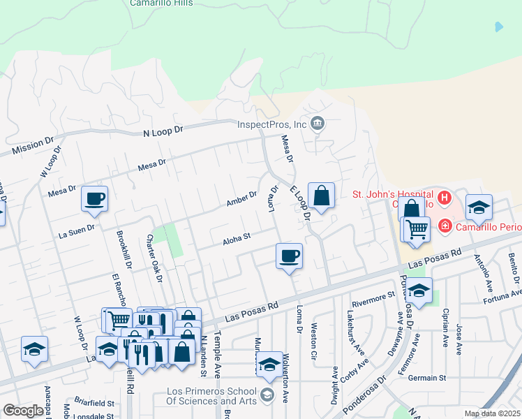 map of restaurants, bars, coffee shops, grocery stores, and more near 374 Paradise Circle in Camarillo