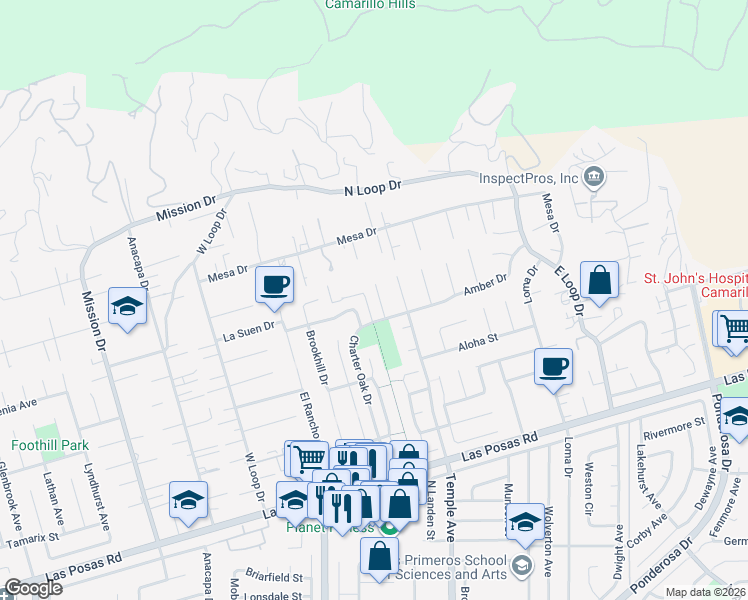 map of restaurants, bars, coffee shops, grocery stores, and more near 2543 Pepperwood Drive in Camarillo