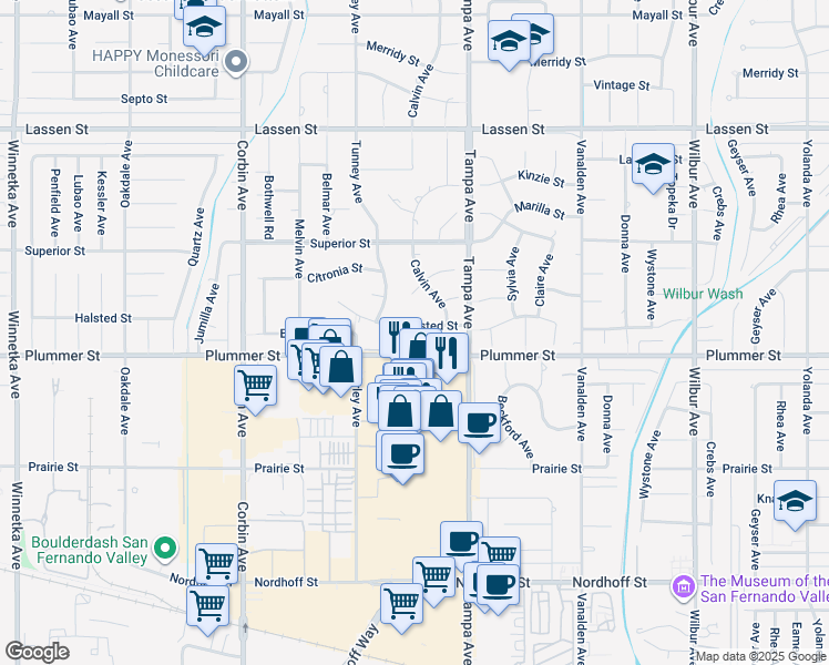map of restaurants, bars, coffee shops, grocery stores, and more near 19354 Halsted Street in Los Angeles