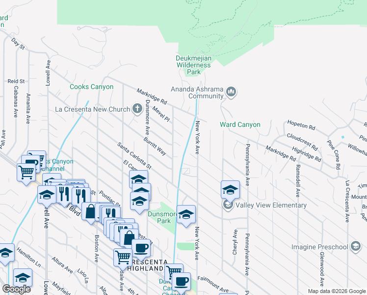 map of restaurants, bars, coffee shops, grocery stores, and more near 3441 Brookhill St in Glendale