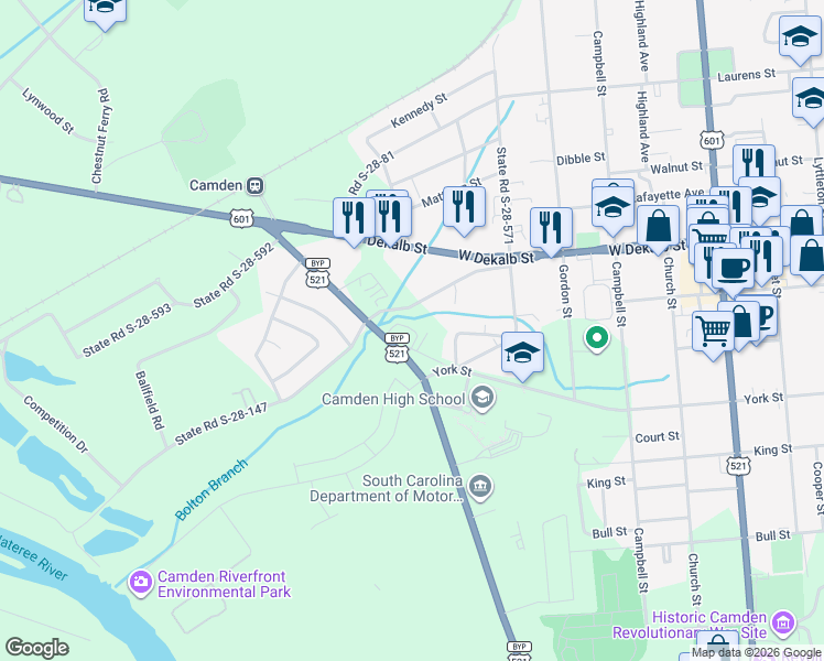 map of restaurants, bars, coffee shops, grocery stores, and more near 1114 Chestnut Ferry Road in Camden