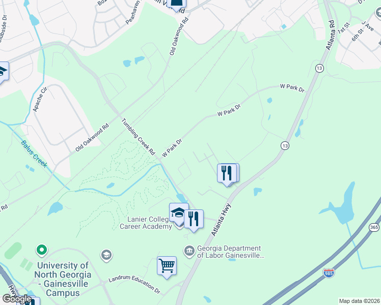 map of restaurants, bars, coffee shops, grocery stores, and more near 3031 Campus Pointe Circle in Gainesville