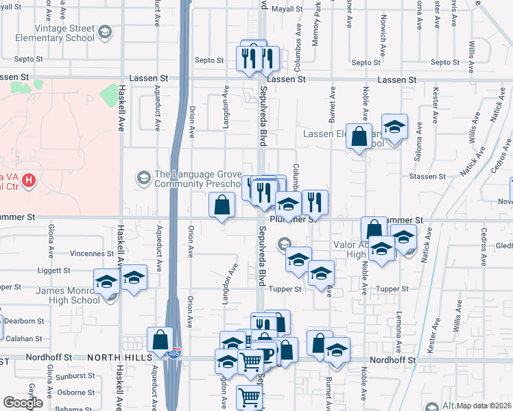 map of restaurants, bars, coffee shops, grocery stores, and more near 9505 Sepulveda Boulevard in Los Angeles