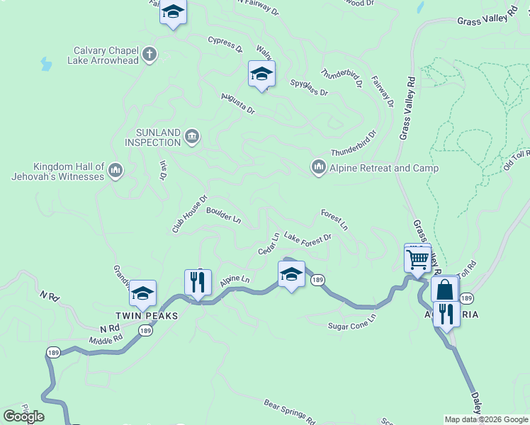 map of restaurants, bars, coffee shops, grocery stores, and more near 26297 Lake Forest Drive in Twin Peaks