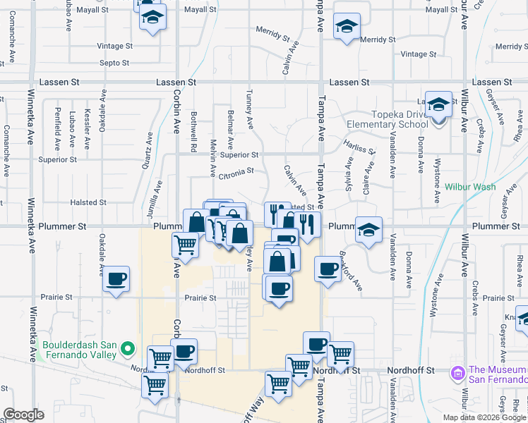 map of restaurants, bars, coffee shops, grocery stores, and more near 19394 Halsted Street in Los Angeles