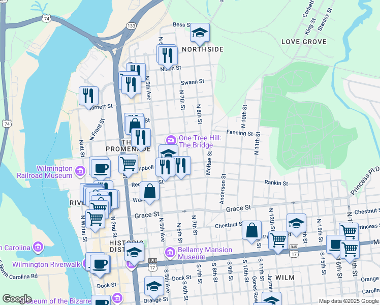 map of restaurants, bars, coffee shops, grocery stores, and more near 616 North 7th Street in Wilmington