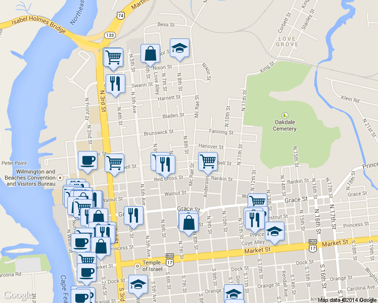 map of restaurants, bars, coffee shops, grocery stores, and more near 614 N 8th St in Wilmington