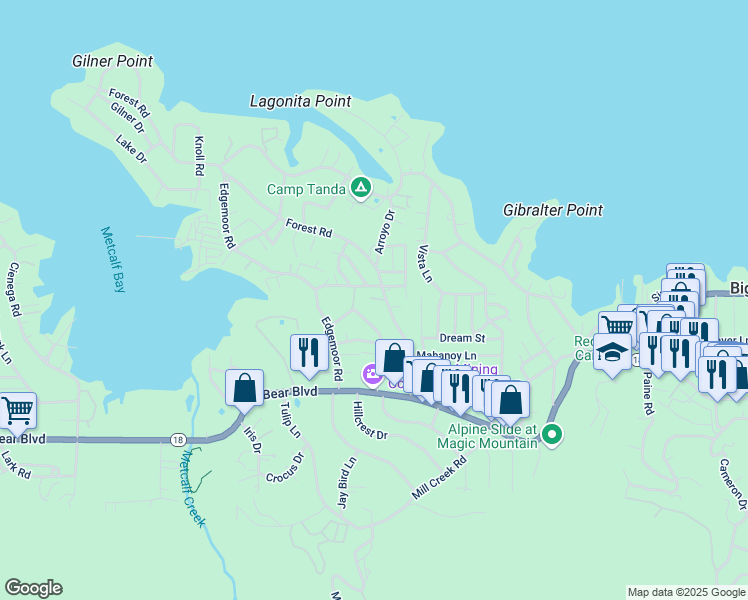 map of restaurants, bars, coffee shops, grocery stores, and more near 527 Highland Lane in Big Bear Lake
