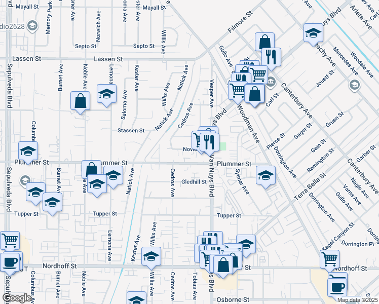 map of restaurants, bars, coffee shops, grocery stores, and more near 14650 Novice Street in Los Angeles