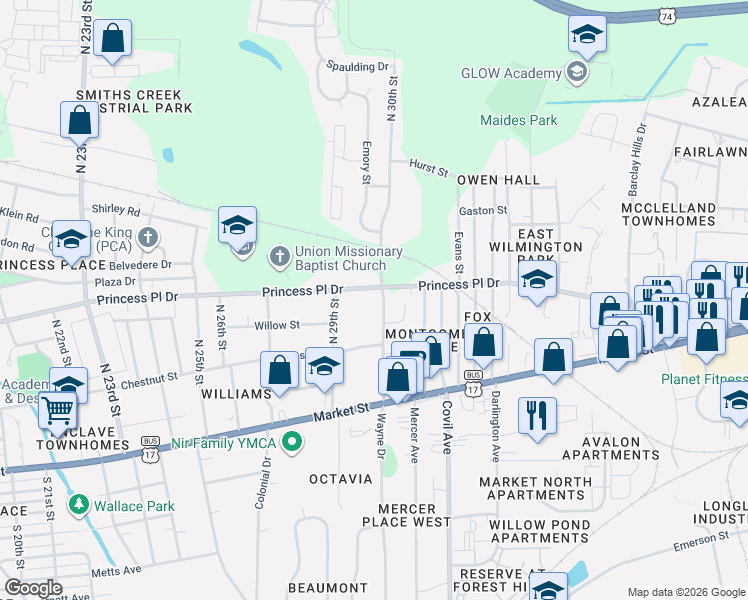 map of restaurants, bars, coffee shops, grocery stores, and more near 320 North 30th Street in Wilmington