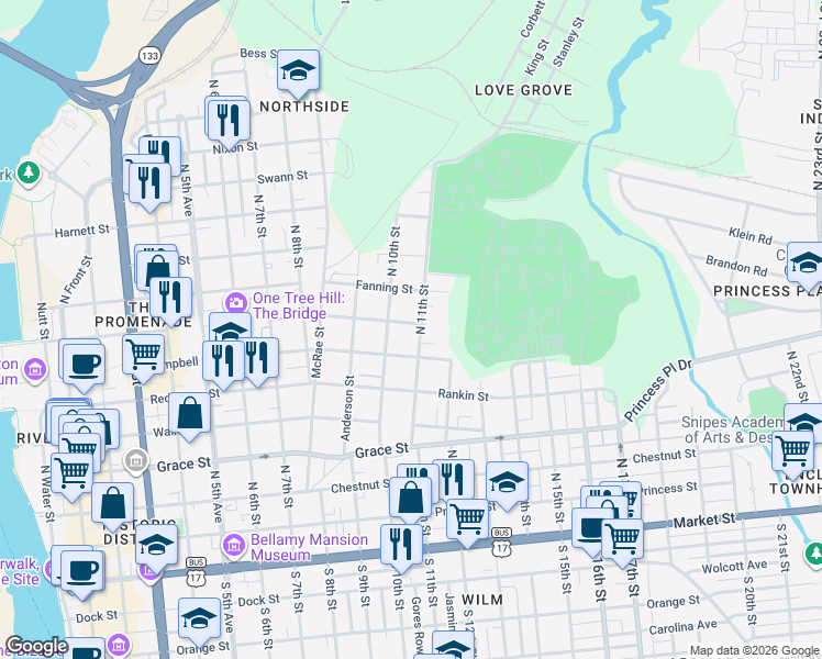 map of restaurants, bars, coffee shops, grocery stores, and more near 624 North 11th Street in Wilmington