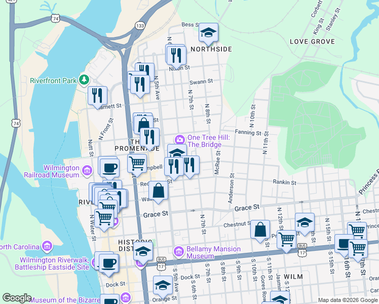map of restaurants, bars, coffee shops, grocery stores, and more near 616 North 7th Street in Wilmington