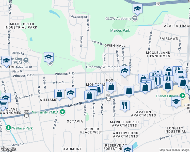 map of restaurants, bars, coffee shops, grocery stores, and more near 229 North 31st Street in Wilmington