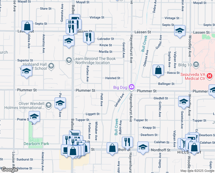 map of restaurants, bars, coffee shops, grocery stores, and more near 9515 Ruffner Avenue in Los Angeles