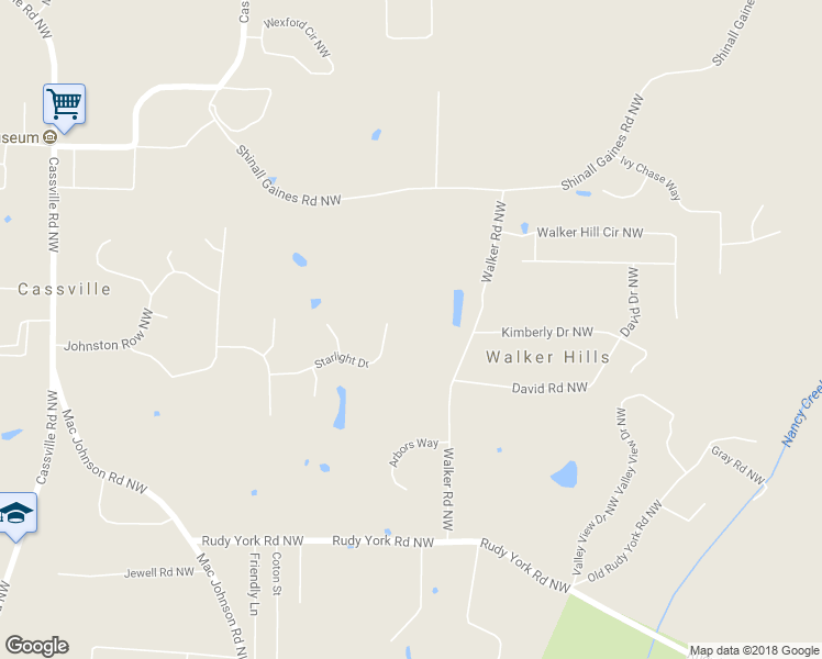 map of restaurants, bars, coffee shops, grocery stores, and more near 32 Starlight Drive in Cartersville