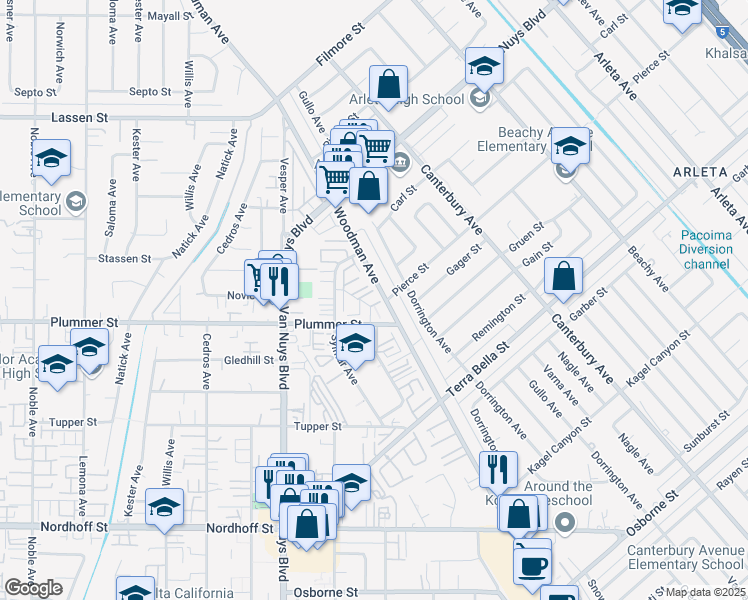 map of restaurants, bars, coffee shops, grocery stores, and more near 9533 Woodman Avenue in Los Angeles