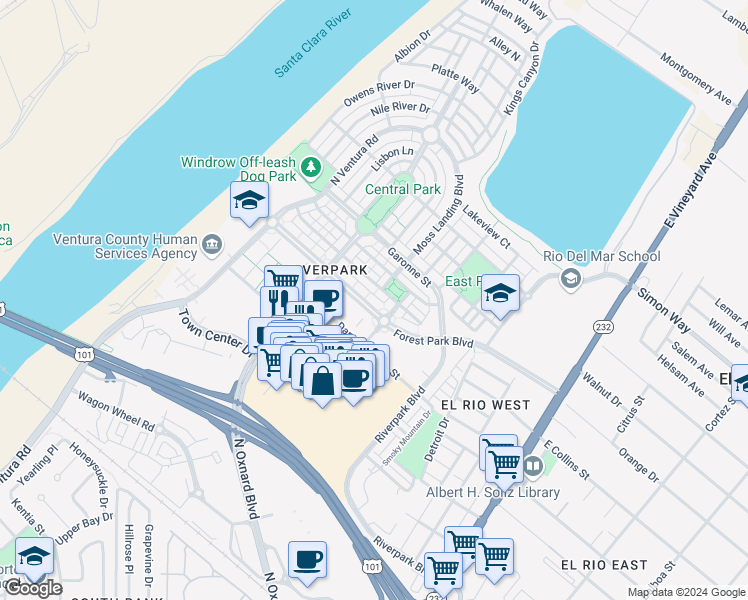 map of restaurants, bars, coffee shops, grocery stores, and more near 511 Forest Park Boulevard in Oxnard