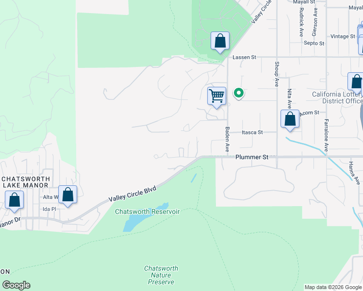 map of restaurants, bars, coffee shops, grocery stores, and more near 22751 Plummer Street in Los Angeles