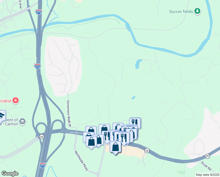 map of restaurants, bars, coffee shops, grocery stores, and more near 543 Old Doss Drive in Canton