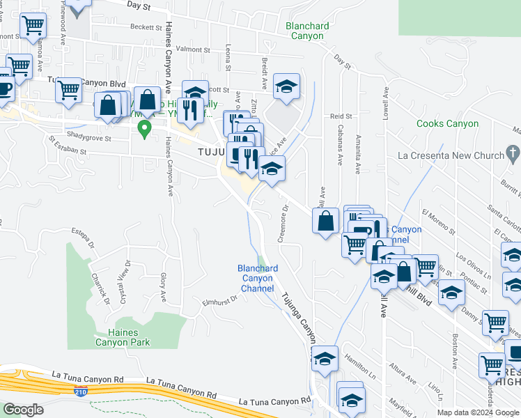 map of restaurants, bars, coffee shops, grocery stores, and more near 6507 Alta Gracia Drive in Los Angeles