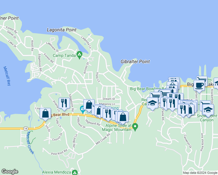 map of restaurants, bars, coffee shops, grocery stores, and more near 40195 Narrow Lane in Big Bear Lake