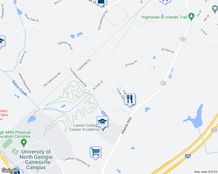 map of restaurants, bars, coffee shops, grocery stores, and more near 2885 Creek Bottom Court in Gainesville
