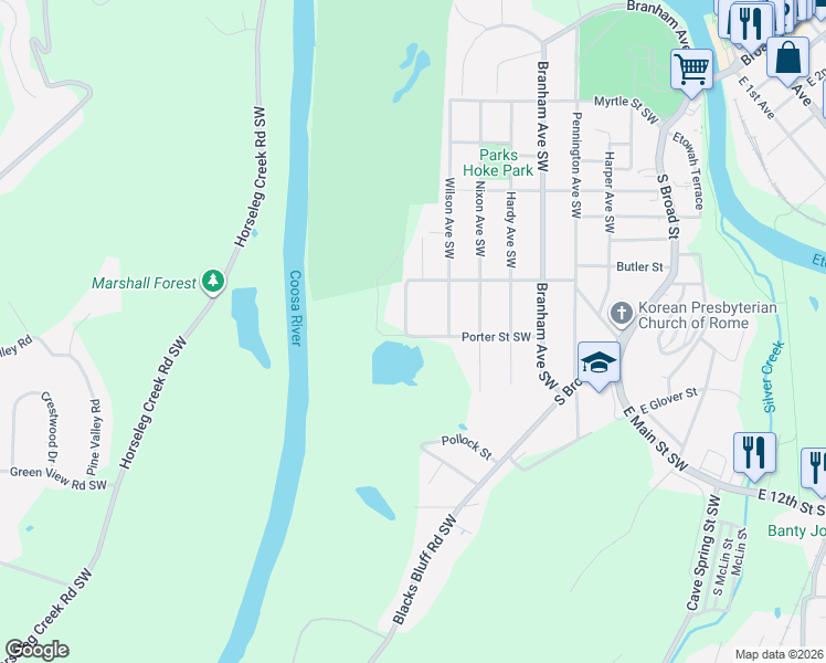 map of restaurants, bars, coffee shops, grocery stores, and more near 515 Cotton Avenue Southwest in Rome