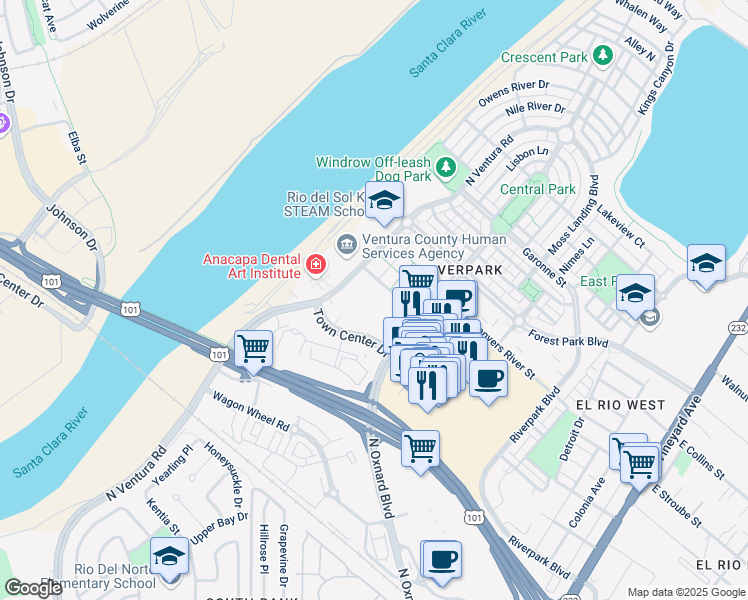 map of restaurants, bars, coffee shops, grocery stores, and more near 750 Clyde River Place in Oxnard