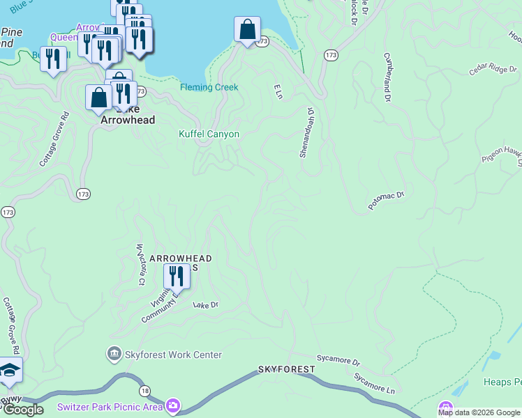 map of restaurants, bars, coffee shops, grocery stores, and more near 550 Stonehill Drive in Skyforest