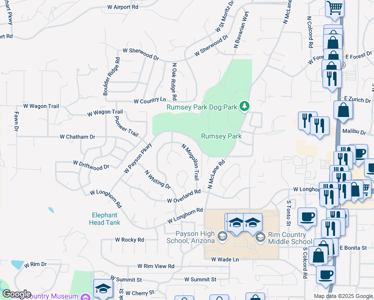 map of restaurants, bars, coffee shops, grocery stores, and more near 306 North Mogollon Trail in Payson