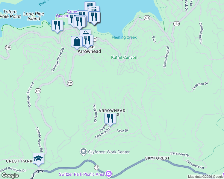 map of restaurants, bars, coffee shops, grocery stores, and more near 543 Community Drive in Lake Arrowhead