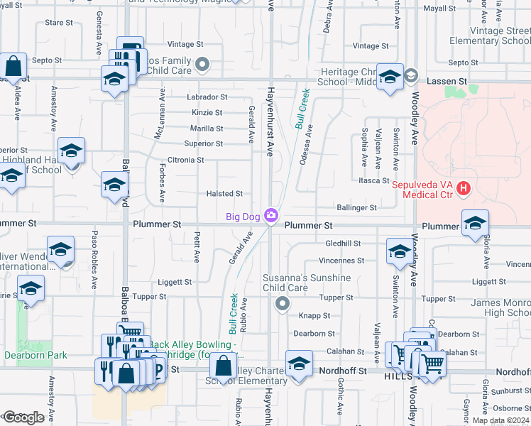 map of restaurants, bars, coffee shops, grocery stores, and more near 9517 Hayvenhurst Avenue in Los Angeles