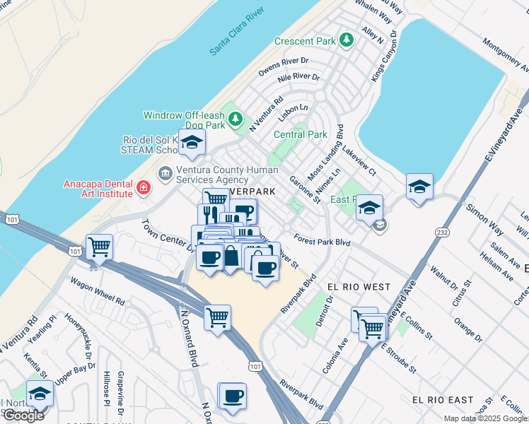 map of restaurants, bars, coffee shops, grocery stores, and more near 500 Forest Park Boulevard in Oxnard