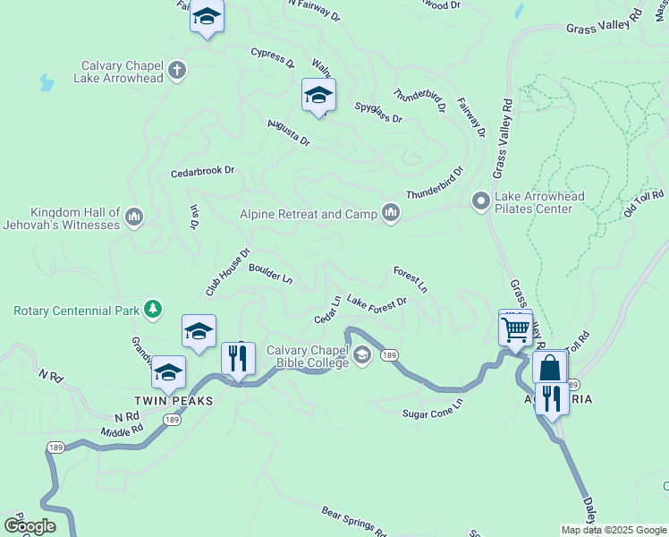map of restaurants, bars, coffee shops, grocery stores, and more near 26297 Lake Forest Drive in Twin Peaks
