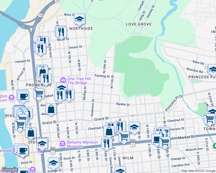 map of restaurants, bars, coffee shops, grocery stores, and more near 1010 Hanover Street in Wilmington