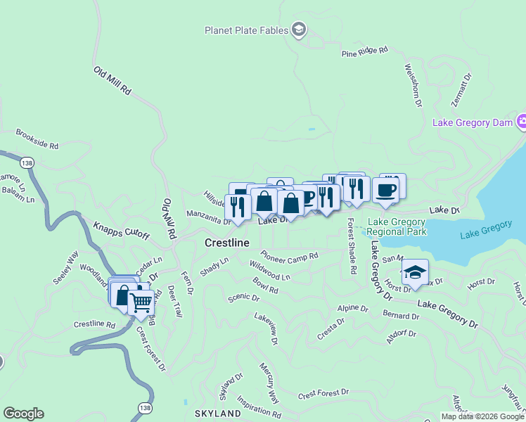 map of restaurants, bars, coffee shops, grocery stores, and more near 23827 Springwater Road in Crestline