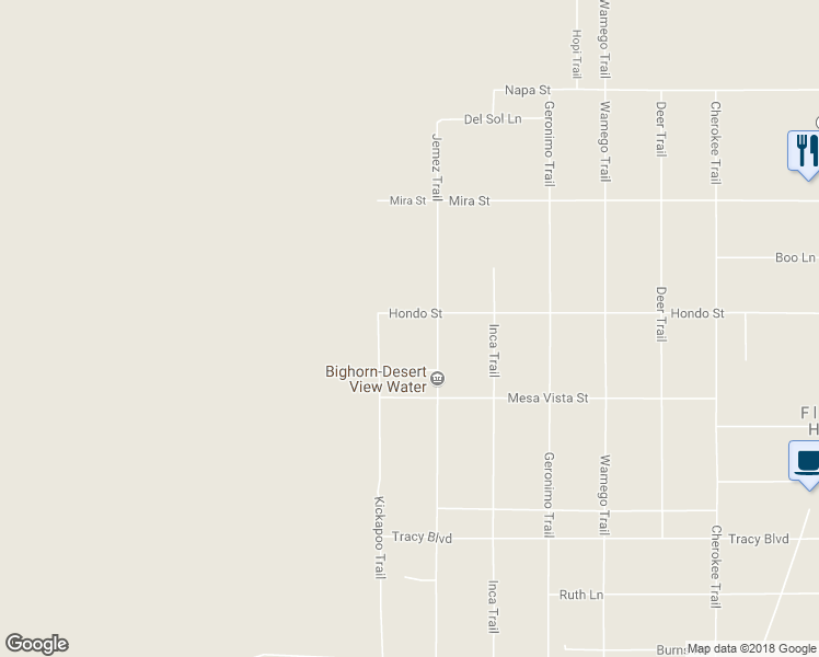 map of restaurants, bars, coffee shops, grocery stores, and more near 55381 Hondo Street in Yucca Valley