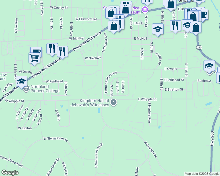map of restaurants, bars, coffee shops, grocery stores, and more near 650 South 1st Street in Show Low