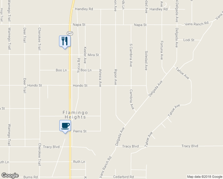 map of restaurants, bars, coffee shops, grocery stores, and more near 56375 Hondo Street in Yucca Valley