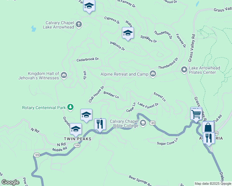 map of restaurants, bars, coffee shops, grocery stores, and more near 26227 Lake Forest Drive in Twin Peaks
