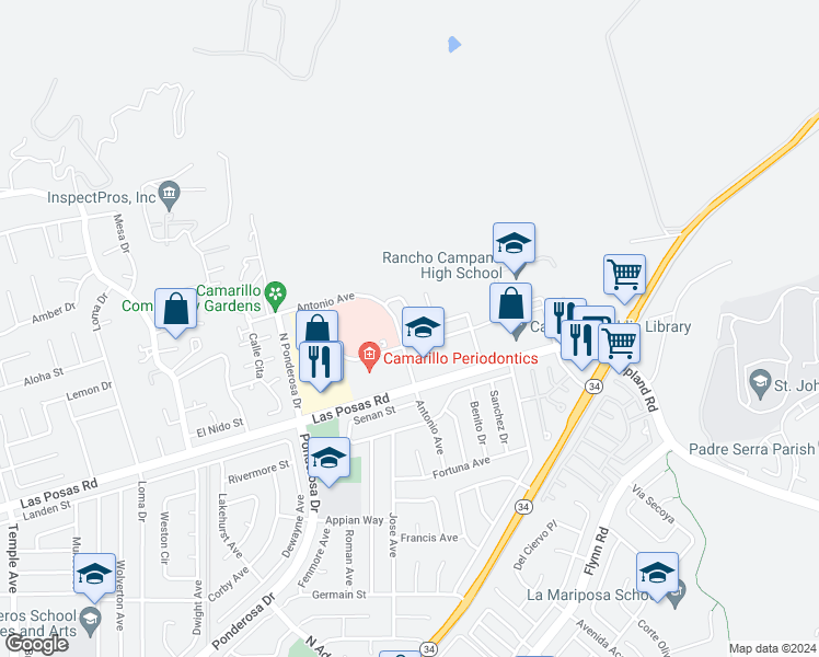 map of restaurants, bars, coffee shops, grocery stores, and more near 2503 Villamonte Court in Camarillo