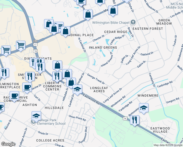 map of restaurants, bars, coffee shops, grocery stores, and more near 713 George Trask Drive in Wilmington